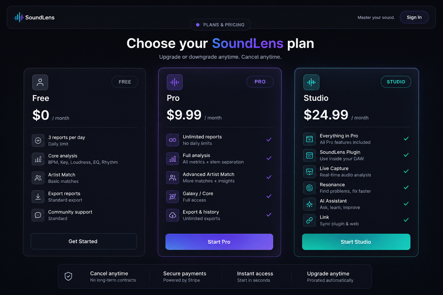 SoundLens Free, Pro and Studio pricing plans